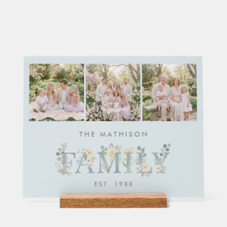 Romantic Dusty Blue Floral Family Monogram MH26 Acrylic Sign