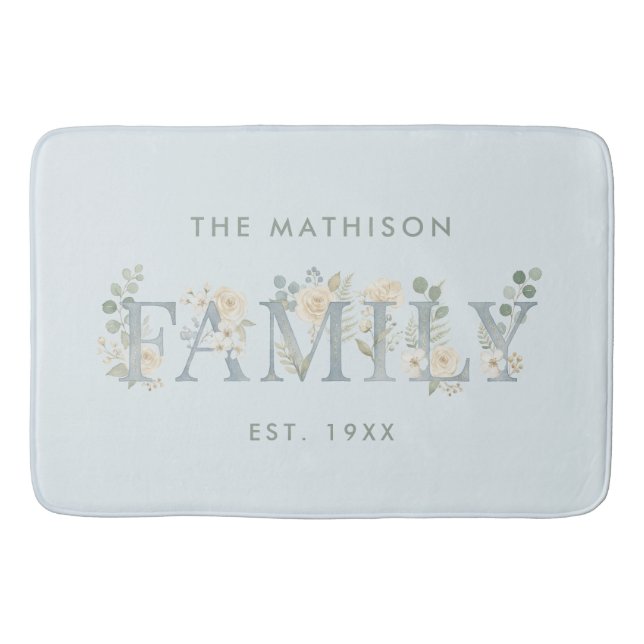 Romantic Dusty Blue Floral Family Monogram MH26 Bath Mat (Front)