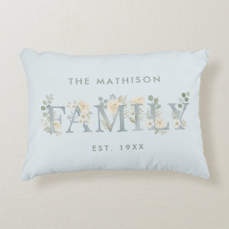 Romantic Dusty Blue Floral Family Monogram MH26 Decorative Cushion