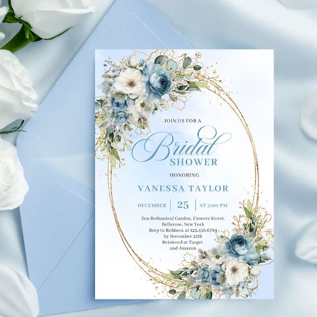 Romantic Dusty Blue Floral Gold Frame Bridal Showe Invitation (Romantic Dusty Blue Floral Gold Frame Bridal Shower Invite)