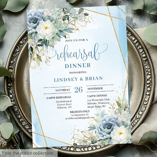 Romantic Dusty Blue Floral Gold Glitter Dinner  Invitation (Romantic Dusty Blue Floral Gold Glitter Dinner Card)
