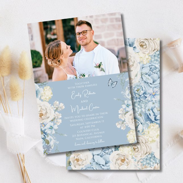 Romantic Dusty Blue Floral Photo Wedding Invitation (Creator Uploaded)