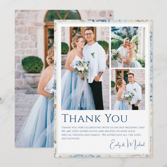 Romantic Dusty Blue Floral Photo Wedding Thank You Card (Front/Back)