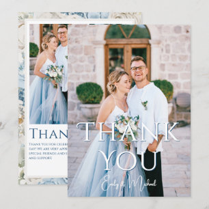 Romantic Dusty Blue Floral Photo Wedding Thank You Card