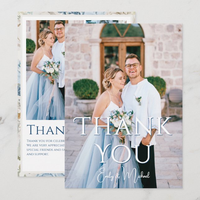 Romantic Dusty Blue Floral Photo Wedding Thank You Card (Front/Back)