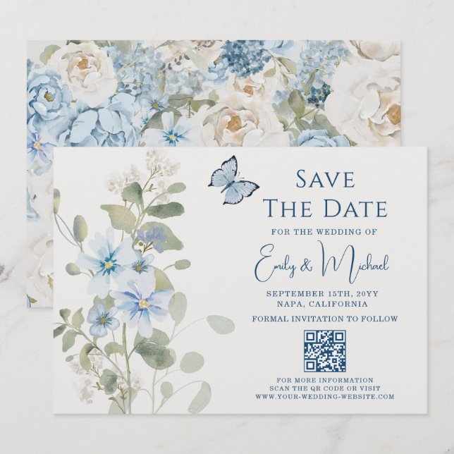 Romantic Dusty Blue Floral QR Code Wedding Save The Date (Front/Back)
