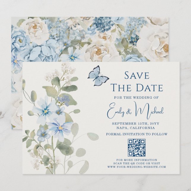 Romantic Dusty Blue Floral QR Code Wedding Save The Date (Front/Back)