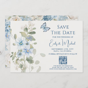 Romantic Dusty Blue Floral QR Code Wedding Save The Date