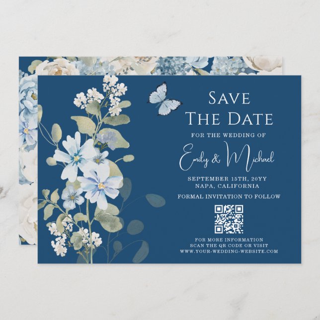 Romantic Dusty Blue Floral QR Code Wedding Save The Date (Front/Back)