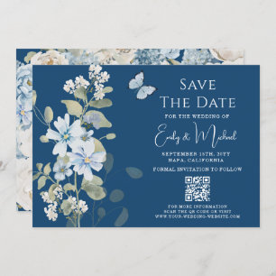 Romantic Dusty Blue Floral QR Code Wedding Save The Date