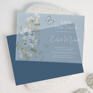 Romantic Dusty Blue Floral Save The Date Wedding Vellum Invitations