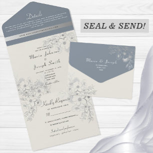 Romantic Dusty Blue Floral Wedding All In One Invitation