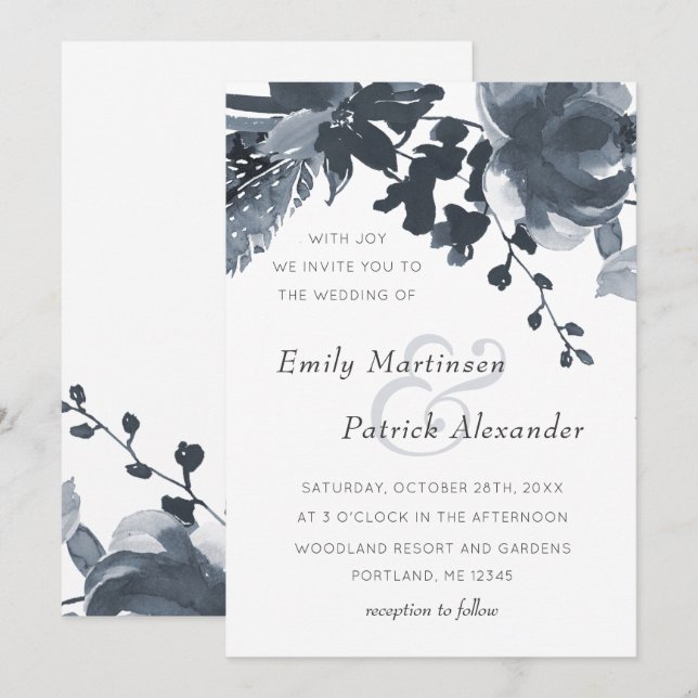 Romantic Dusty Blue Floral Wedding Invitation (Front/Back)