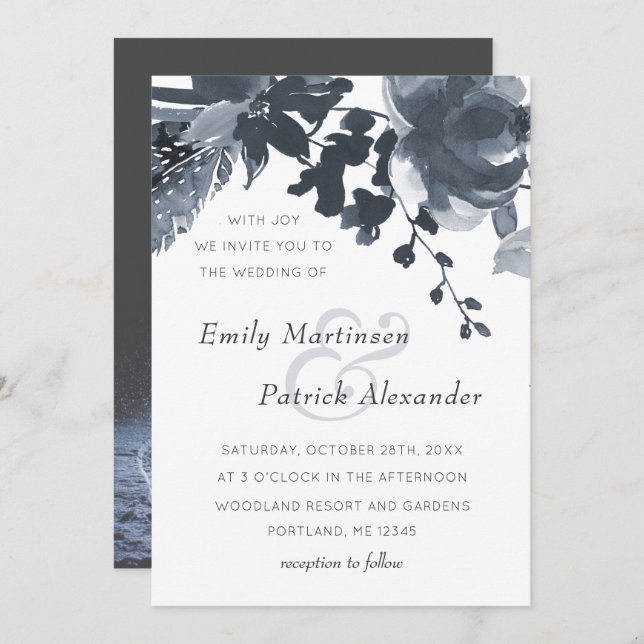 Romantic Dusty Blue Floral Wedding Photo Invitation (Front/Back)