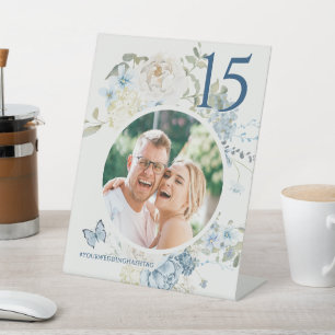 Romantic Dusty Blue Floral Wedding Photo Pedestal Sign