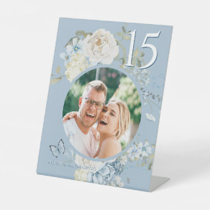 Romantic Dusty Blue Floral Wedding Photo Pedestal Sign