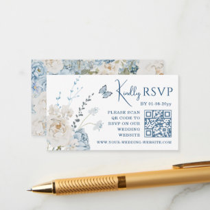 Romantic Dusty Blue Floral Wedding RSVP QR Code Enclosure Card