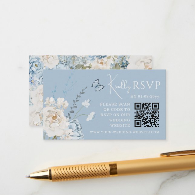 Romantic Dusty Blue Floral Wedding RSVP QR Code Enclosure Card (Front/Back In Situ)