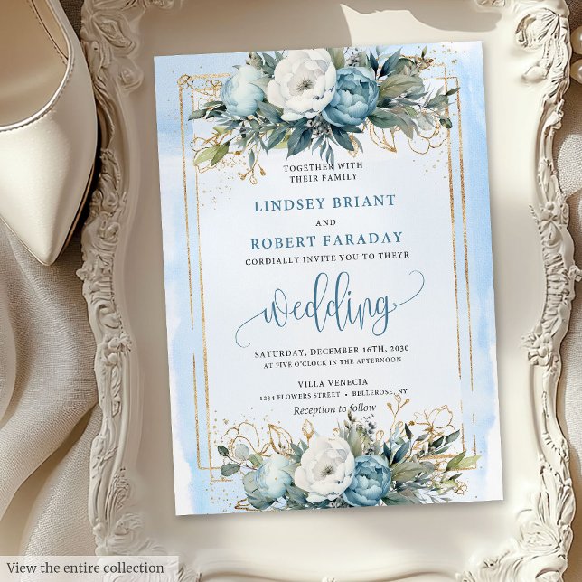 Romantic Dusty Blue Gold Floral Wedding Invitation (Romantic Dusty Blue Gold Floral Wedding Invitation)