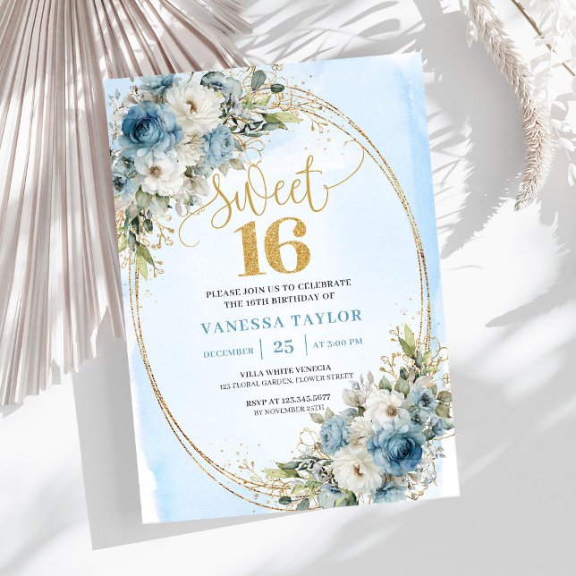 Romantic Dusty Blue Greenery Sweet Sixteen Invite (Romantic Dusty Blue Greenery Sweet Sixteen Invitation)