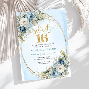 Romantic Dusty Blue Greenery Sweet Sixteen Invite