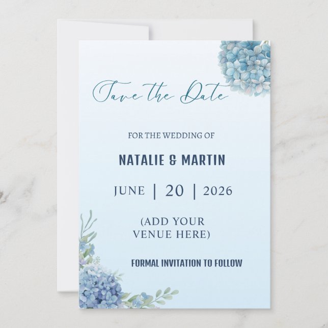 Romantic Dusty Blue Hydrangea Watercolor Wedding Save The Date (Front)