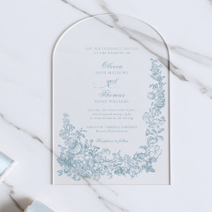 Romantic Dusty Blue Line Art Floral Wedding Acrylic Invitations