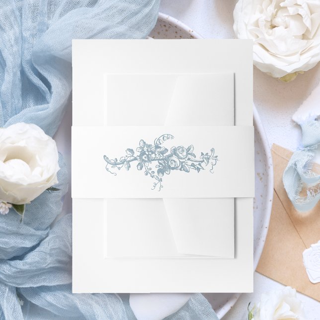 Romantic Dusty Blue Line Art Floral Wedding Invitation Belly Band (Creator Uploaded)