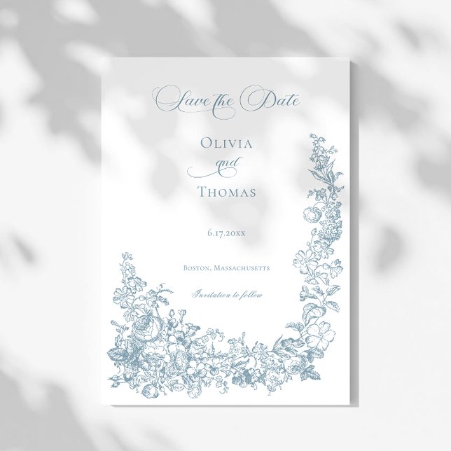 Romantic Dusty Blue Line Art Floral Wedding Save The Date (Creator Uploaded)