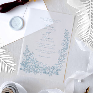 Romantic Dusty Blue Line Art Floral Wedding Vellum Invitations