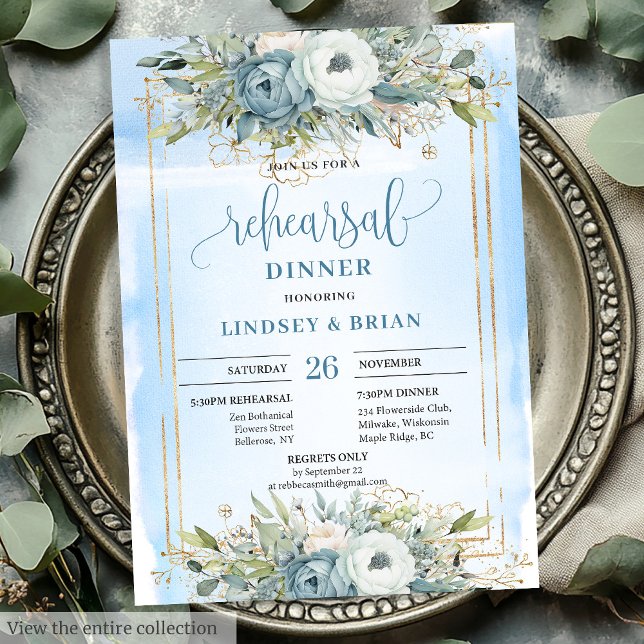 Romantic Dusty Blue Peonies Gold Frame Dinner Card (Romantic Dusty Blue Peonies Gold Frame Dinner Card)