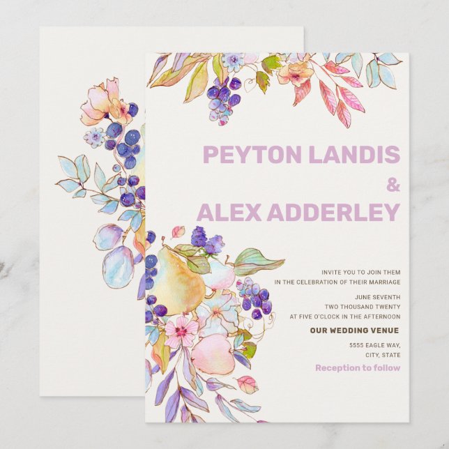 Romantic Dusty Blue Pink Fruit Floral Wedding Invitation (Front/Back)