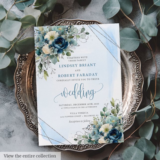 Romantic Dusty Blue Silver Wedding Invitation Card (Romantic Dusty Blue Silver Wedding Invitation Card)