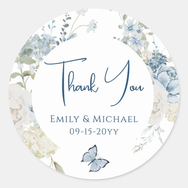 Romantic Dusty Blue Thank You Floral Wedding Classic Round Sticker (Front)
