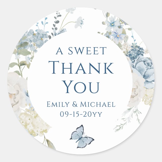 Romantic Dusty Blue Thank You Floral Wedding Classic Round Sticker (Front)