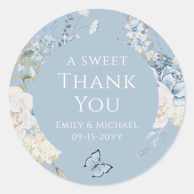 Romantic Dusty Blue Thank You Floral Wedding Classic Round Sticker (Front)