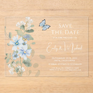 Romantic Dusty Blue Watercolor Floral Wedding Acrylic Invitations