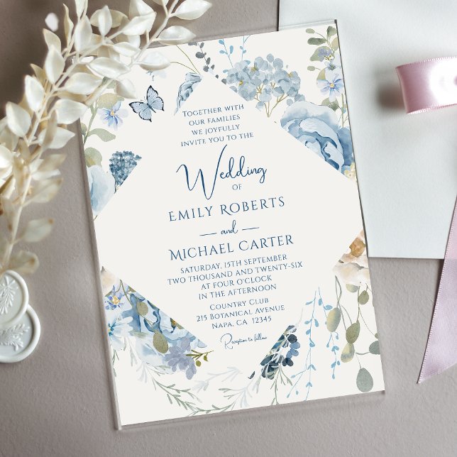Romantic Dusty Blue Watercolor Floral Wedding Acrylic Invitations (Creator Uploaded)