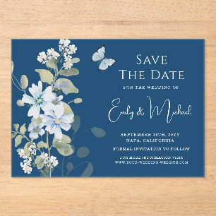 Romantic Dusty Blue Watercolor Floral Wedding Acrylic Invitations