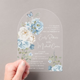 Romantic Dusty Blue Watercolor Floral Wedding Acrylic Invitations