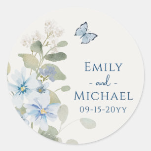 Romantic Dusty Blue Watercolor Floral Wedding Classic Round Sticker