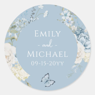 Romantic Dusty Blue Watercolor Floral Wedding Classic Round Sticker
