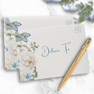 Romantic Dusty Blue Watercolor Floral Wedding Envelope