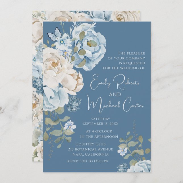 Romantic Dusty Blue Watercolor Floral Wedding Invitation (Front/Back)