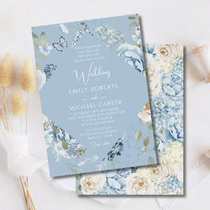 Romantic Dusty Blue Watercolor Floral Wedding Invitation