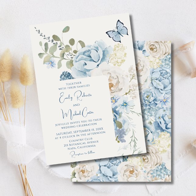 Romantic Dusty Blue Watercolor Floral Wedding Invitation (Creator Uploaded)