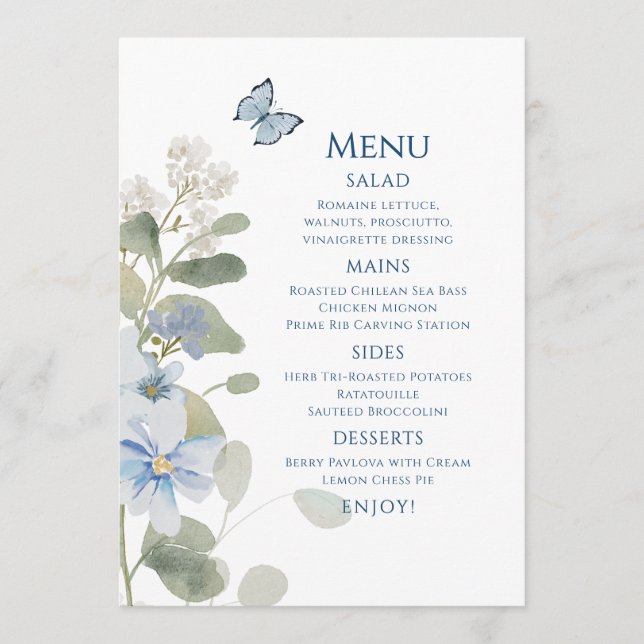Romantic Dusty Blue Watercolor Floral Wedding Menu (Front)