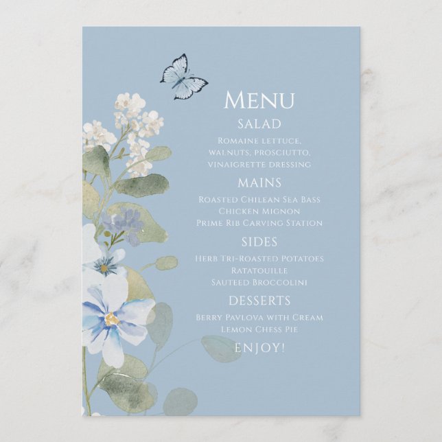 Romantic Dusty Blue Watercolor Floral Wedding Menu (Front)