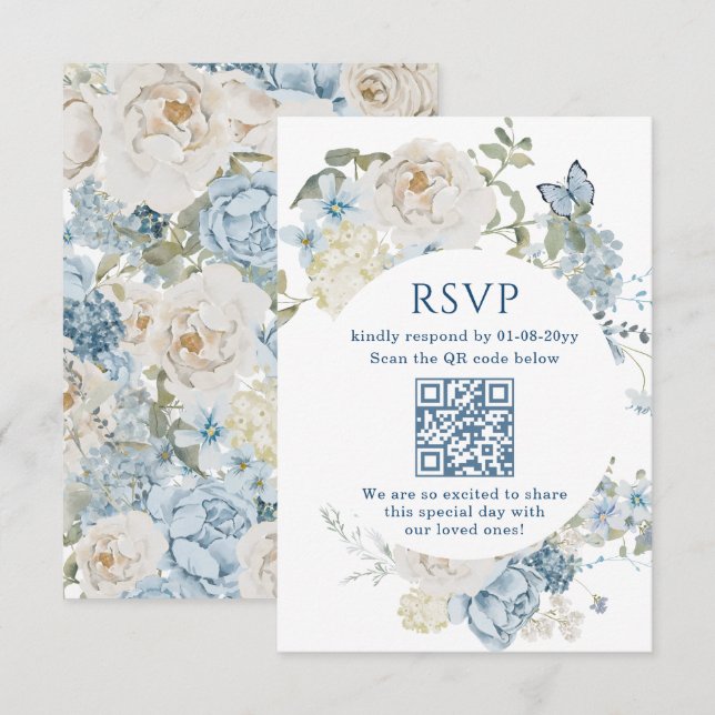 Romantic Dusty Blue Watercolor Floral Wedding RSVP (Front/Back)