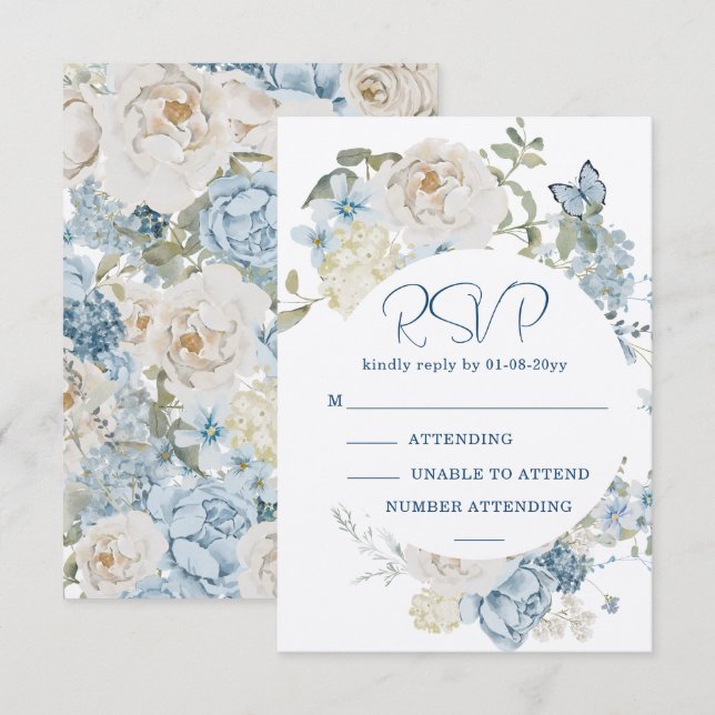Romantic Dusty Blue Watercolor Floral Wedding RSVP (Front/Back)